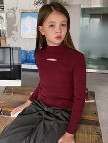 Hapijoa 女童镂空圆领毛衣 - 紅色 - 查看 2