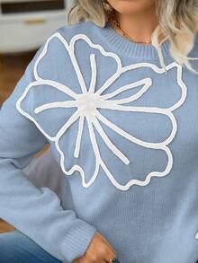Calvaya Plus Size Women Casual Commuter Floral Pattern Drop Shoulder Loose Pullover Sweater, Autumn/Winter - Baby Blue - View 4