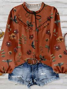 Linhara 大码女式花卉印花休闲优雅夏日度假衬衫 - 珊瑚橙 - 查看 1