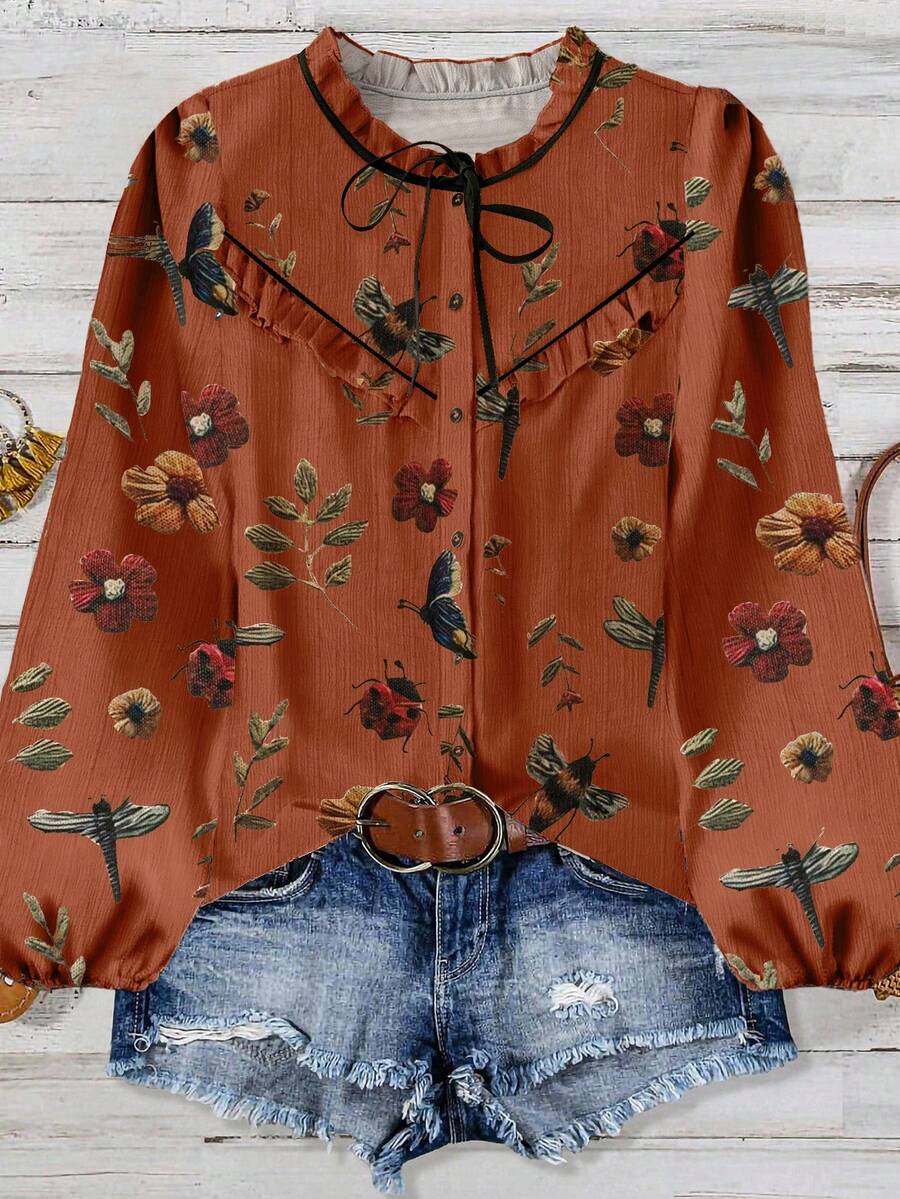 Linhara 大码女式花卉印花休闲优雅夏日度假衬衫 - 珊瑚橙 - 查看 1