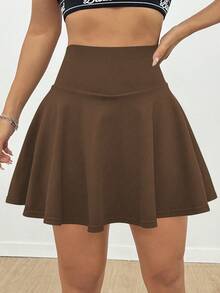 Eassivo Eassivo Minifalda de cintura alta de unicolor y bolsillo lateral minimalista para mujer - Café integral - Ver 2