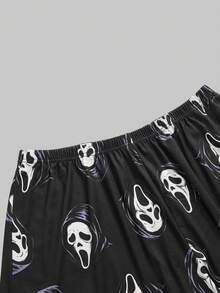 ROMWE Goth 大码女式哥特式小恶魔图案撞色吊带背心和短裤睡衣套装