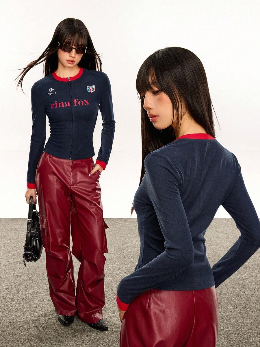Rina Fox 2025 女士时尚拉链字母印花长袖T恤 - 藏蓝色 - 查看 1
