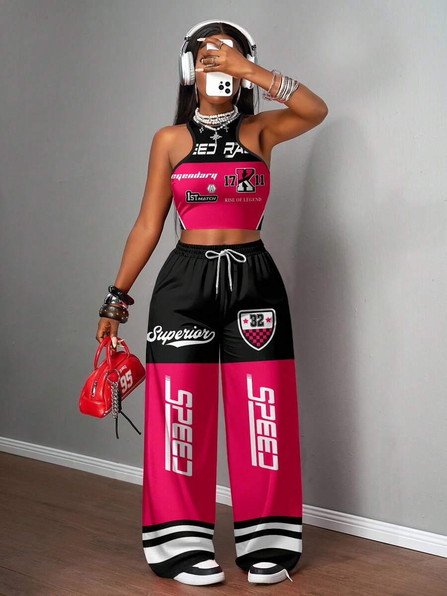 Slaydiva Bộ 2 món đồ bộ đồ nữ áo hai dây bó sát và quần ống rộng phong cách đường phố thường ngày, thích hợp mặc dạo phố - Nhiều màu - Xem 1