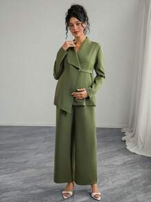 Momance 女士优雅领口 V 领长袖独特腰带夹克和直筒阔腿裤孕妇装两件套 - 綠色 - 查看 6