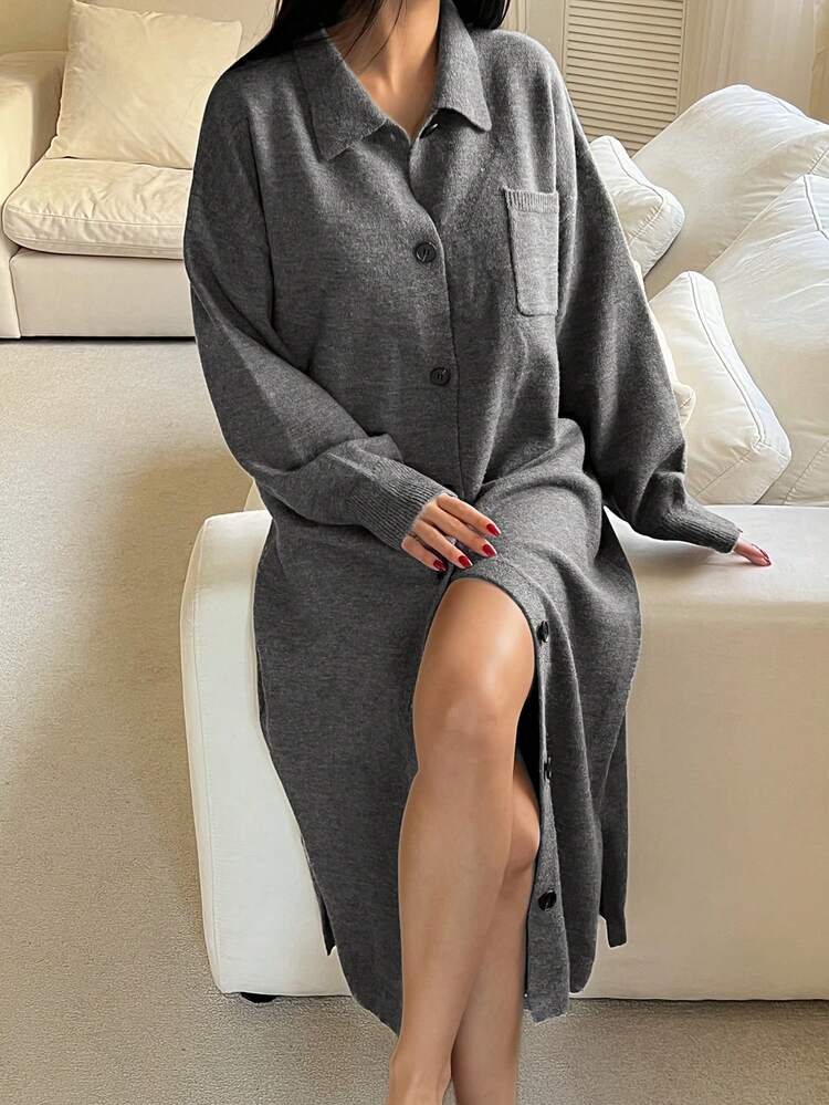 Women's Loose Knit Long Nightgown, Simple Design For Winter, Moo Moo Night Dress