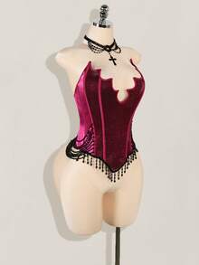 SHEIN ICON Top corto con forma de murciélago hecho de espinas de pescado para mujeres - Burdeos - Ver 6