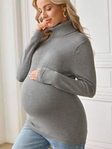SHEIN Maternity Solid Color Long Sleeve Sweater Pregnancy Shirts Maternity Clothes Winter Maternity Clothes Maternity Turtleneck Maternity Shirt - Grey - View 3