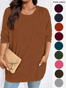 EMERY ROSE 大码纯色圆领落肩休闲宽松T恤 - 珊瑚橙 - 查看 1