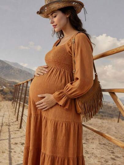 Boho Mama Fall Clothes,Autumn Clothes,Maternity Autumn/Winter Clothes Maternity Maternity Vacation Solid Color Shirred Design Shirred Raglan Sleeve Ruffle Hem Casual Dress Brown Maternity Dress Pregnancy Dress For Photoshoot Rust Brown Dress Maternity Long Dress