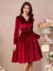 Teen Girl Glossy French Elegant V-Neck Waist Cinched Dress, Suitable For Dates, Outings, And Parties, Spring/Autumn