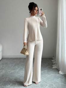 Elenzga 2pcs Women Casual Long Sleeve T-Shirt And Pants Set, Thermal Lined, Autumn/Winter - Apricot - View 1