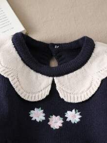 SHEIN Baby Girls Floral Embroidered Ruffled Collar Knit Sweater Dress,Navy Blue,Autumn,Elegant,Matching Family Long Sleeve Winter Knitted Collared Dress - Royal Blue - View 4