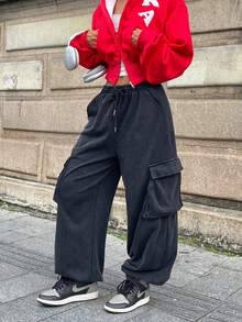 Coolane Women's  Fall/Winter Streetwear Y2K Vintage Punk Dirty  Big Pocket  Grey Cuffed Pants - Grey - View 3