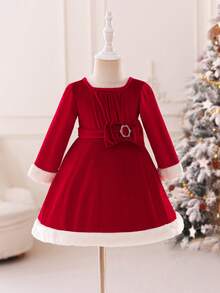 Glamorique Kids Christmas Baby Girl Fur Trim Princess Dress, Suitable For Formal Occasions - Red - View 8