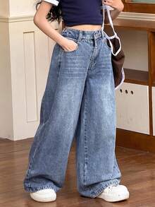 SHEIN Tween 女童高腰口袋阔腿宽松休闲百搭牛仔裤，秋冬 - 中等水洗藍 - 查看 6