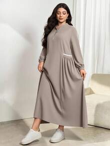 Modelyn 秋冬新款立领长袖收腰修身连衣裙 - 卡其色 - 查看 5