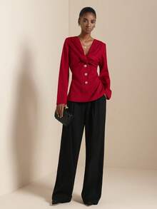 SHEIN Veneréa Women's Elegant Metal Buckle V-Neck Shoulder Ruched Chest Crossed Ruched Waist Commuting Shirt - Red - View 4