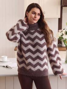 SHEIN Clasi Women's Casual Colorblock Striped Turtleneck Sweater, Autumn/Winter - Brown - View 3
