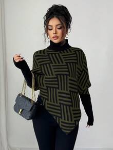 Elenzga Women's Elegant High Neck Geometric Textured Poncho Sweater, Colorblock, Suitable For Home & Travel, Spring/Autumn - Army Green - View 6