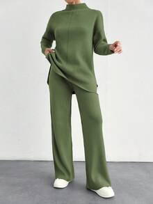 EURMUSE 女士春季/秋季休閒實色立領針織毛衣和長褲套裝 - 薄荷綠 - 查看 5