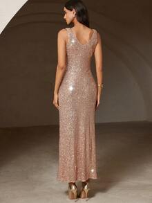 GENKIRA Vestido sin mangas con cuello en V y cintura ceñida, estilo francés - Champán - Ver 2
