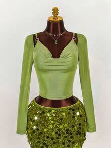 Y2K Amplova Christmas New Year Thanksgiving Sequins Party Vintage Wild Plunging Neckline Sexy Design Long Sleeve Top Fairycore Mermaid Green - Green - View 4