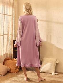Lullawish Váy ngủ nữ viền bèo nhún khoét rỗng họa tiết Bohemian Jacquard, mùa đông - Bụi tím - Xem 2