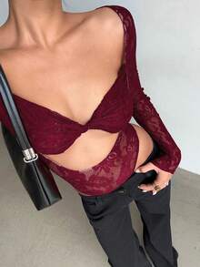 Aloruh Women's Sexy Crop Top Sheer Bodysuit - Burgundy - View 8