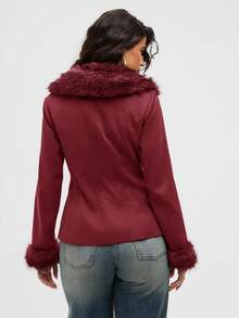 Aloruh Women's Elegant Elegant Simple Solid Color Patchwork Faux Fur Waist Regular Jacket, Autumn/Winter