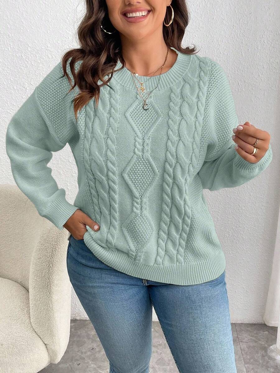 EMERY ROSE Suéter de punto de cable de unicolor informal de talla grande, con hombros caídos, para otoño/invierno - verde menta - Ver 1