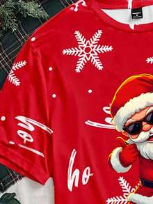 Manfinity Joysei Camiseta de manga corta de cuello redondo con estampado casual de Papá Noel y copos de nieve para hombres, Navidad