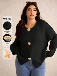 Elaquor Plus Size Minimalist Casual Solid Color Metal Button Decor Knit Cardigan, Autumn/Winter - Black - View 4