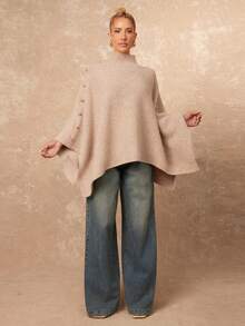 SHEIN Privé 女款優雅淺米色秋季披肩毛衣，寬鬆羅紋套頭衫，法式風格不對稱秋冬極簡衣櫥基本款 - 杏色 - 查看 8