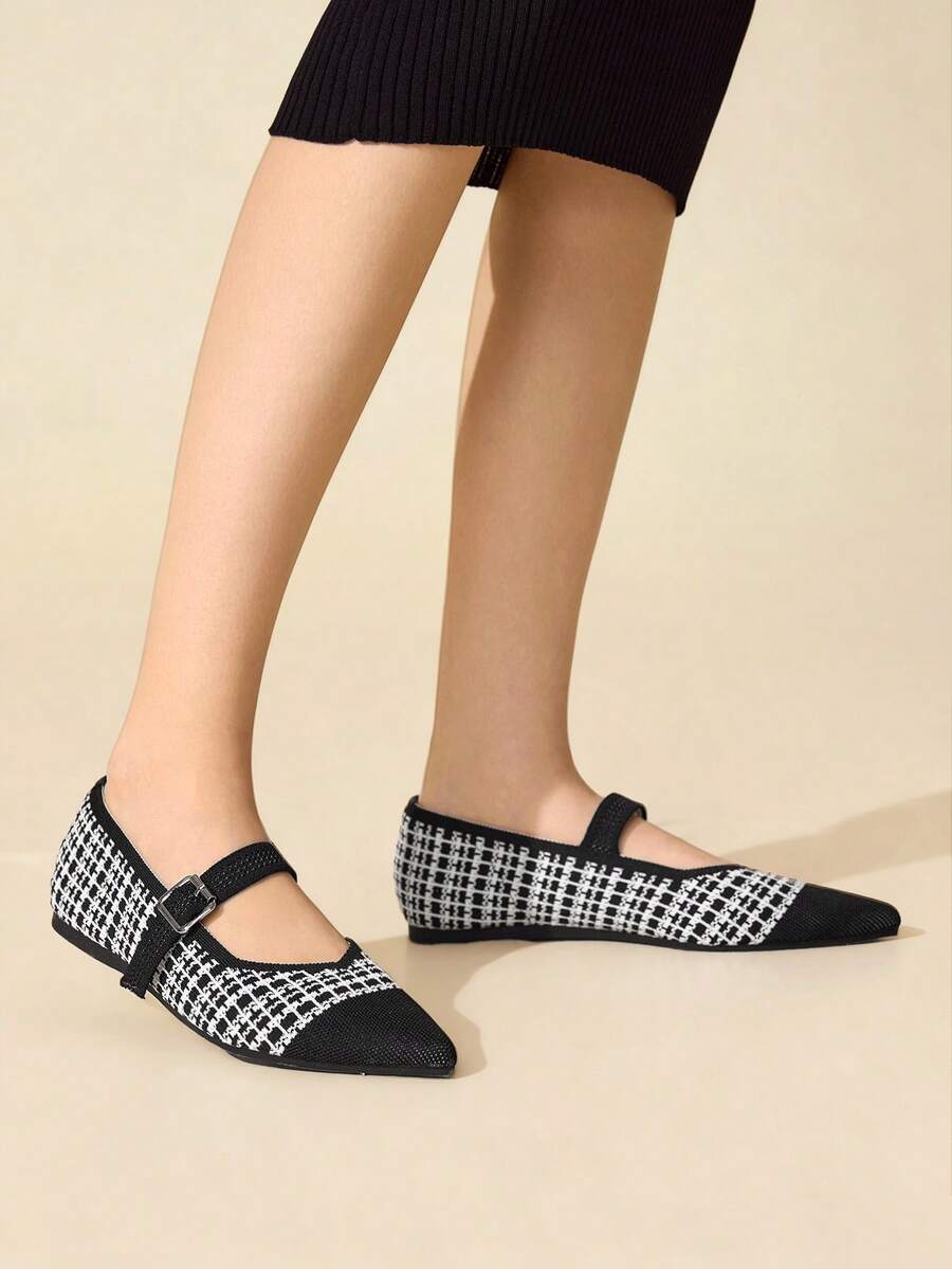 CUCCOO BASICS Women's Pointed Toe Flat Criss-Cross Knit Fabric Comfortable Versatile Commute Work Casual Slip-On Flats - Black and White - View 1