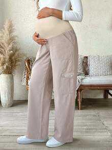 SHEIN Quần jean bà bầu cạp cao có thể điều chỉnh - Màu Khaki - Xem 7