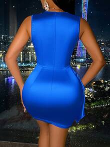 SOLERSUN Holiday Ruched Satin Asymmetrical Hem Dress Party Dress For New Year Holiday Party Clothes - Blue - View 2