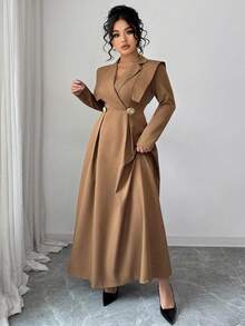 Elenzga Abito lungo a maniche lunghe con cintura in vita, design con collo incrociato, stile vintage alla moda, colore marrone caffè, taglie comode, stile francese elegante, versatile per lavoro, casual e per stratificazioni