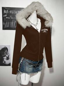 Attitoon 女士休闲复古修身毛领连帽字母印花常规夹克，适合秋冬、复古、Y2k、街头服饰、复古、摇滚、朋克和哥特 - 棕色 - 查看 3