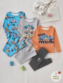 3 件套小男孩卡通汽车和字母印花圆领长袖上衣和裤子睡衣套装 - 彩色 - 查看 5