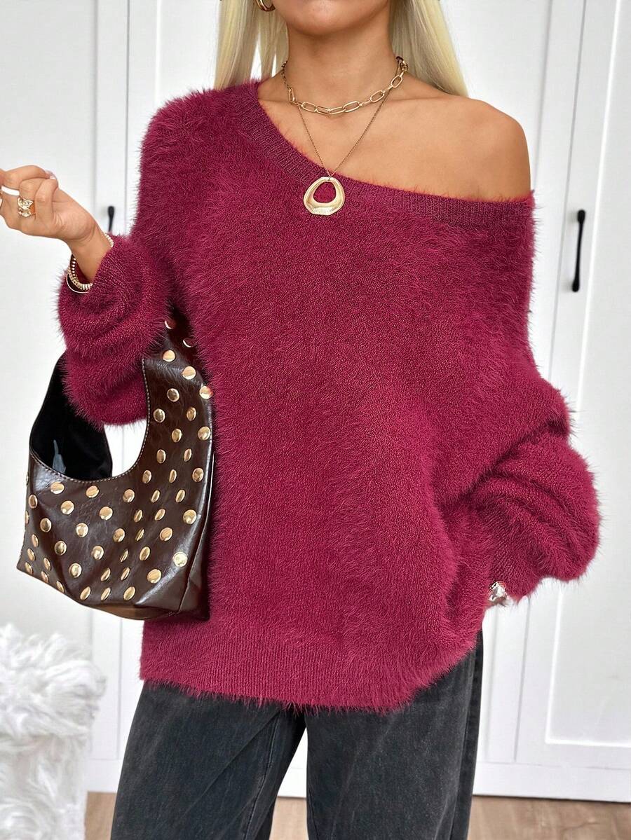 SHEIN EZwear 女式宽松蝙蝠袖休闲毛衣,红色,秋冬 - 酒紅色 - 查看 1