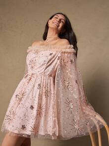 Freevana 大码女式优雅派对连衣裙，露肩亮片网眼拼接喇叭袖宽松连衣裙 - 杏色 - 查看 3