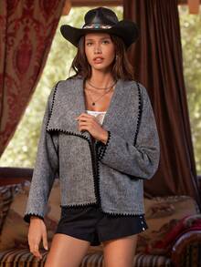 Easelle Women's Gray Casual Dropped Shoulder Floral Trim Jacket, Autumn And Winter Overcoat Gray Contrast Edge Autumn And Winter Retro - Grey - View 9