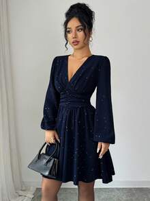Elenzga 全新 V 领纹理金属前褶腰泡泡袖 A 字形设计休闲迷你连衣裙，适合度假、日常穿着、年轻优雅、秋冬 - 寶藍色 - 查看 3