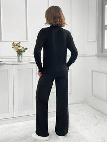 EURMUSE Turtleneck Drop Shoulder Sleeve tröja och byxor Set - Svart - Visa 2