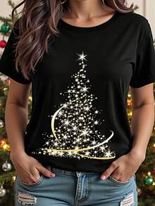 EMERY ROSE Plus Size Christmas T-Shirt, Plus Size Streetwear Graphic Tee, Casual Comfy Top, Vacation Vibe - Black - View 1