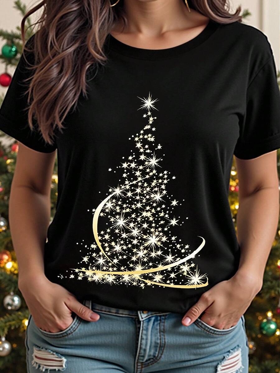 EMERY ROSE Plus Size Christmas T-Shirt, Plus Size Streetwear Graphic Tee, Casual Comfy Top, Vacation Vibe - Black - View 1