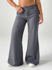 SHEIN EZwear Plus Size Casual Minimalist Style Floral Gray Flared Suit Pants Bell Bottom Pants Gray Pants/ Winter