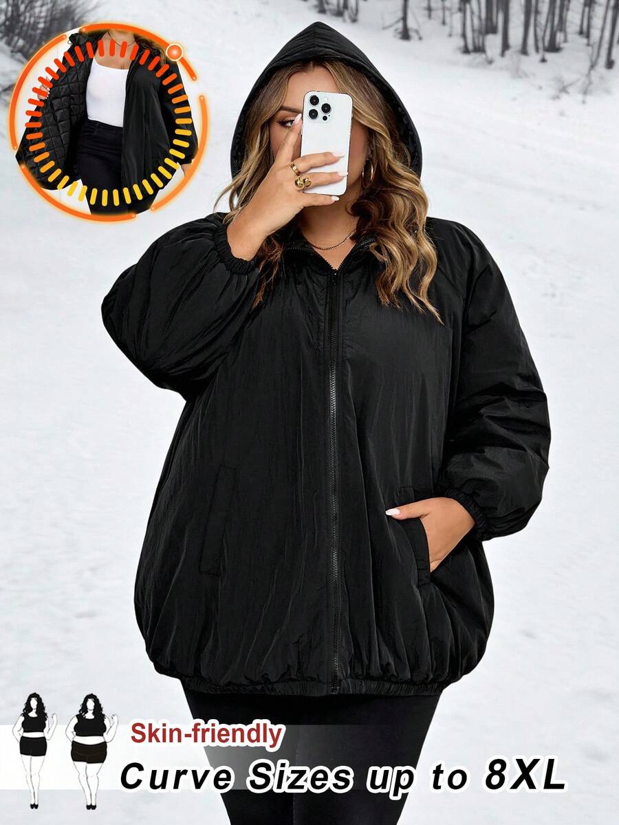 SHEIN CURVE+ Ropa de talla grande/Estilo campus/Ropa de vuelta al colegio/Chaqueta suelta de algodón con capucha y cremallera completa para mujer talla grande de excursionismo al aire libre, chaqueta acolchada, con bolsillos, negra, ropa de mujer de otoño - Negro - Ver 1