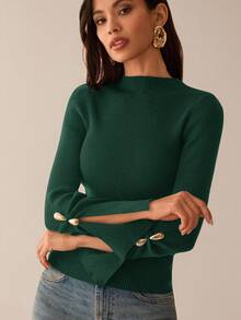 Lilora Long Sleeve Slit Metal Decor Bodycon Sweater In Fall/Winter Green Sweater Dark Green Top Green Tops For Women Emerald Green Top,Fall,Fall Clothes For Women - Green - View 3
